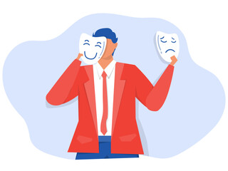 Businessman holding masks different masks happy and sad imposter syndrome,Bipolar disorder; fake faces and emotions. psychology; false behavior or deceiver.vector illustrator