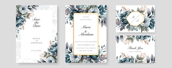 White rose floral flower vector flower wedding invitation template with aesthetic border watercolor