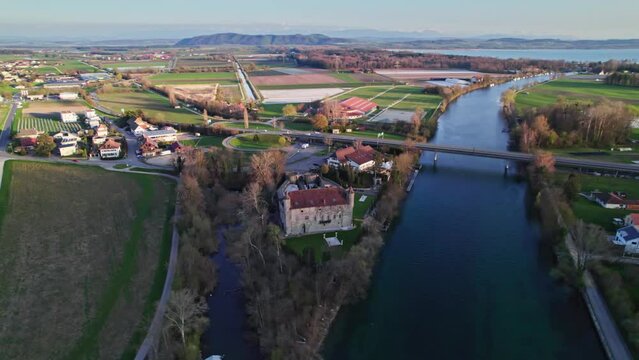 Baroque style Zihlbrucke located Thielle Castle Gals Switzerland aerial 