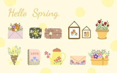 Spring collection with different flower colourful elements. bouquet, cute floral envelope, gift, picture frame, pot, box, book and leaf. Illustration vector 10 eps.