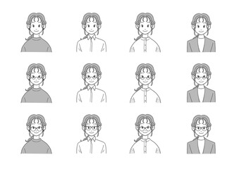 ほほえむ女性のバストアップイラスト　メガネありなしセット(グレー)
