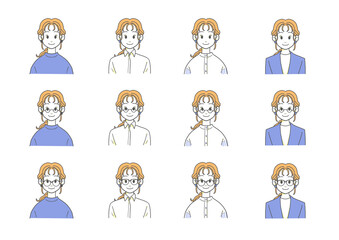 ほほえむ女性のバストアップイラスト　メガネありなしセット(オレンジ×ブルー)