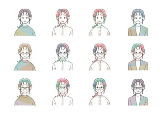 ほほえむ女性のバストアップイラスト　メガネありなしセット(マルチカラー)
