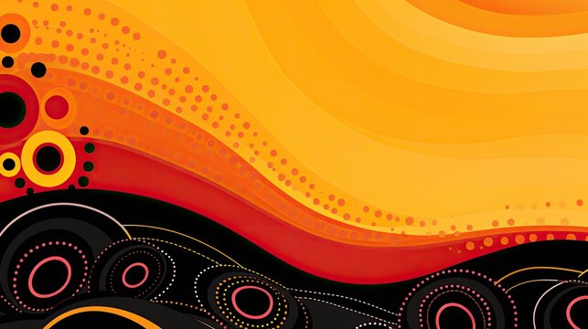 Australia Aboriginal inspired background with dreamtime and songlines, simple illustration with red yellow and black, Australian Aboriginal Flag colours, Generative AI
