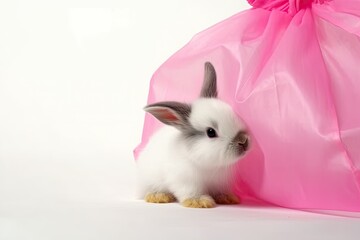 white rabbit sitting beside a pink bag Generative AI
