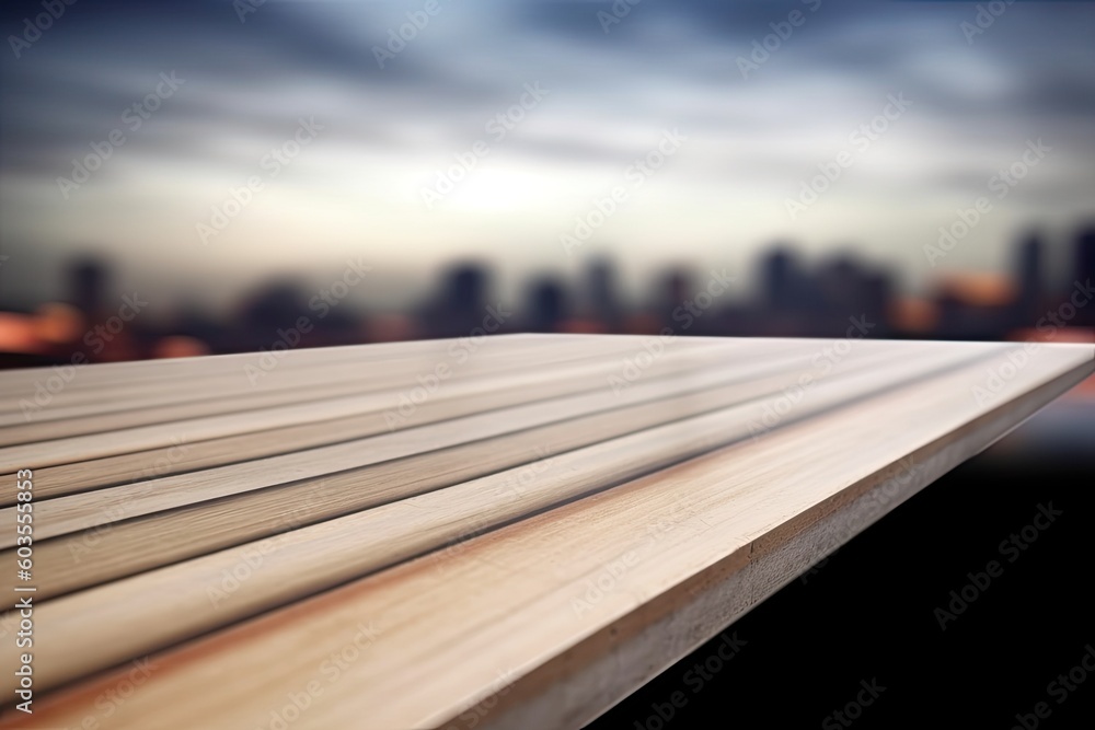 Poster wooden texture with a cityscape in the background generative ai