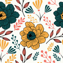 Colorful seamless pattern of leaves and flowers with yellow, pink, and green floral elements
