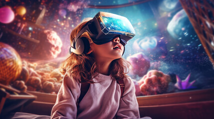 Small girl is using virtual reality googles - obrazy, fototapety, plakaty