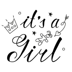 Vector inscription on the theme of a Gender party in the style of doodles. Congratulatory phrase for a girl.  Party that determines the sex of the baby.