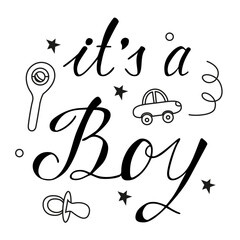 Vector inscription on the theme of a Gender party in the style of a doodle. Party to determine the sex of the baby. Congratulatory phrase for a boy.