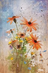 Beautiful colorful wildflowers in a watercolor painted style, splatters, drips and paint stylized flourishes, graphic design asset, generative ai
