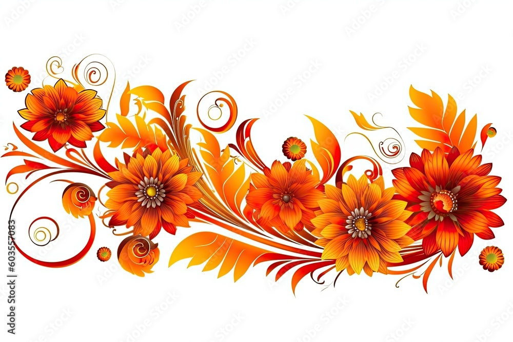 Poster an intricate orange floral pattern with swirling elements and leaves generative ai