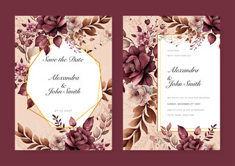 Fototapeta premium Rose orchid floral flower vector elegant leaves wedding invitation card template watercolor
