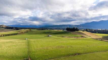 Fototapeta na wymiar Aerial (drone) photo of sheep farm in Te Anau, New Zealand