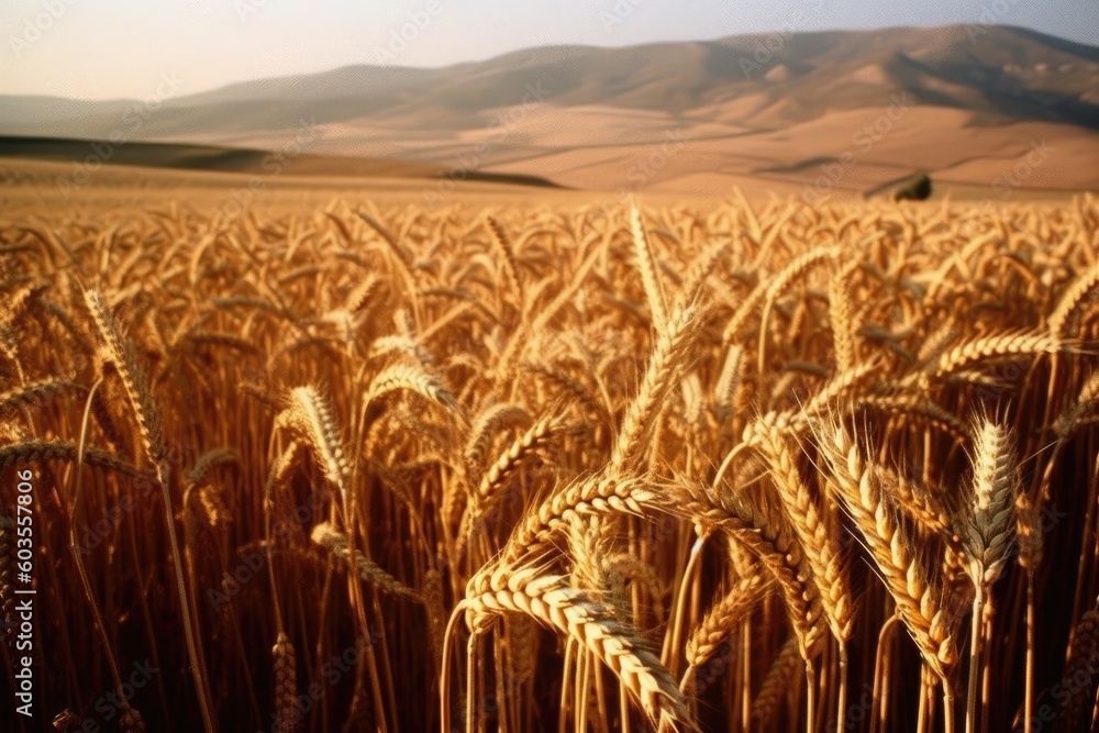 Poster scenic landscape with a wheat field and majestic mountains in the background generative ai