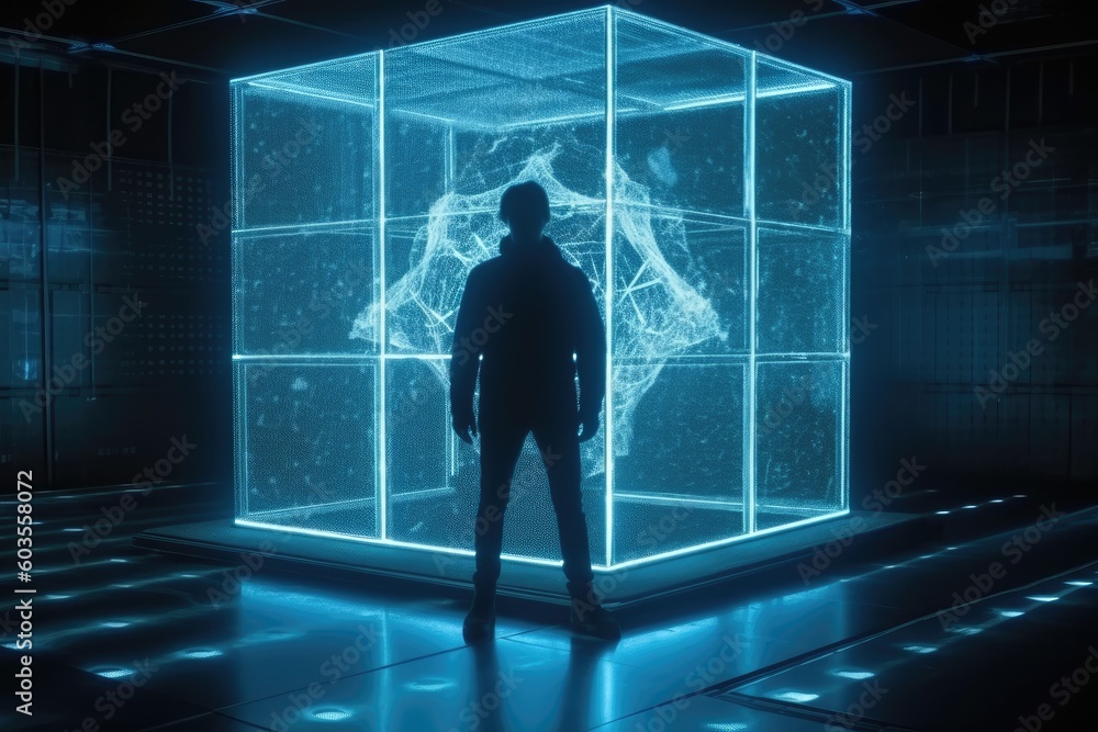 Poster man standing in front of a modern glass cube structure generative ai