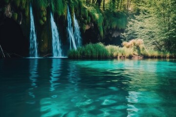 majestic waterfall cascading into a serene body of water surrounded by lush greenery Generative AI