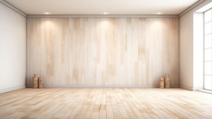 Fototapeta premium Beautiful lighting from white texted wall and light floor. (Generative AI)