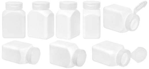 set of Pill jar mockup isolated different angles. Supplement bottle. Pharmacy tablet or capsule medical container