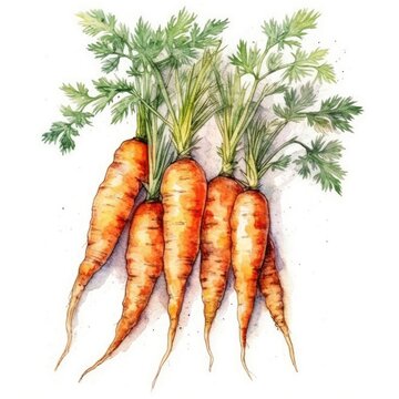 Carrots in watercolor style with ink outline on white background (generative AI)