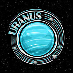 Vector logo for Uranus, decorative fantasy print with rotating planet uranus and many moons, gas windy surface, cosmo badge with unique brush lettering for blue text uranus on black starry background © mihmihmal