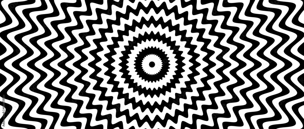 Poster radial optical illusion background. black and white abstract wave lines surface. poster design. conc