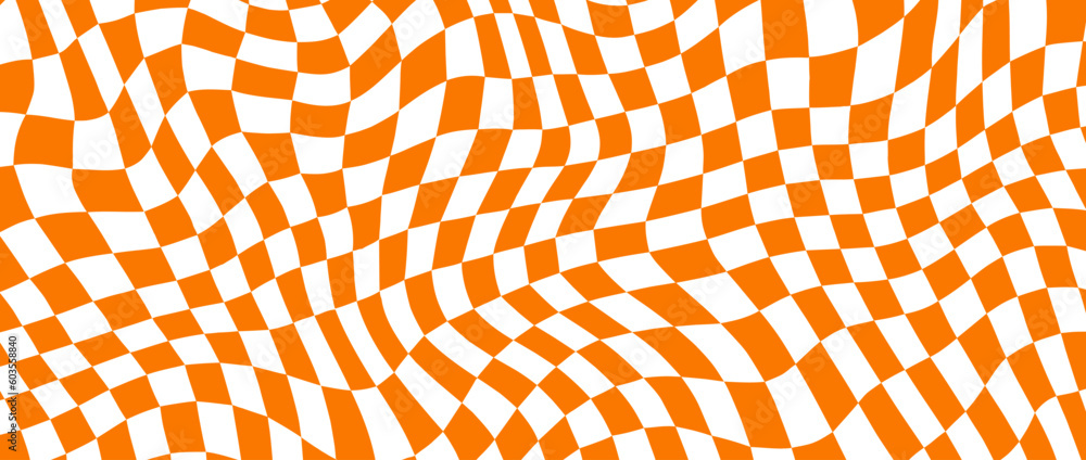 Poster Trippy distorted checkerboard background. Orange retro psychedelic checkered wallpaper. Wavy groovy chessboard surface. Twisted geometric pattern. Abstract vector backdrop