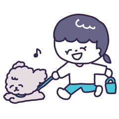 プードルの犬を散歩するマナーポーチを持った笑顔の女の子（全身）
