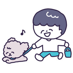 プードルの犬を散歩するマナーポーチを持った笑顔の男の子（全身）