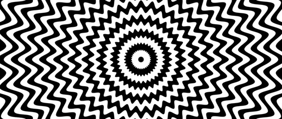 Radial optical illusion background. Black and white abstract wave lines surface. Poster design. Concentric torsion spiral illusion wallpaper. Vector illustration
