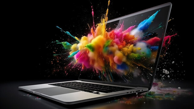 Laptop Screen with Colorful Paint Explosion, generative Ai