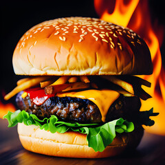 Big burger on a black background AI