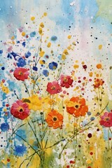 Fototapeta na wymiar Beautiful colorful wildflowers in a watercolor painted style, splatters, drips and paint stylized flourishes, graphic design asset, generative ai 