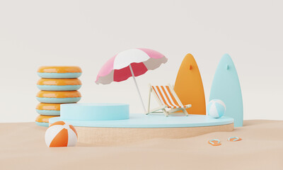 Summer vacation beach abstract background concept, Minimal Realistic Display Podium for Product mock-up or Cosmetics with summer theme, beach umbrella, sand, chairs, inflatable ring. 3d rendering