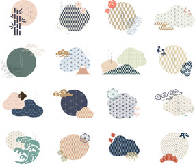 Set of geometric modern graphic elements vector. Asian icons with Japanese pattern. Abstract banners with flowing liquid shapes. Template for logo design, flyer or presentation.