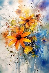 Obraz na płótnie Canvas Beautiful colorful wildflowers in a watercolor painted style, splatters, drips and paint stylized flourishes, graphic design asset, generative ai 