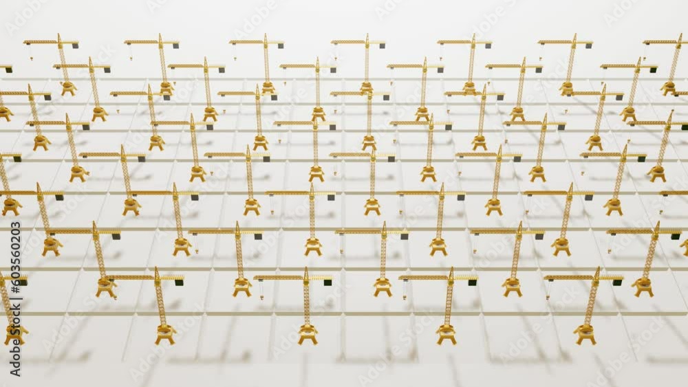 Poster background of yellow three-dimensional lifting tower cranes on a white background. looped animation.