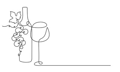 Wine glass, a bottle of wine and grapes. Still life. Sketch. Line draw. Decor