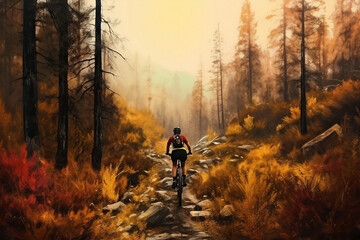 Back view of mountain biking woman riding on bike in autumn mountains landscape created with Generative AI technology