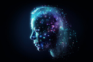 Obraz premium Human, science and technology concept. Abstract human face silhouette and data floating through head illustration. Generative AI