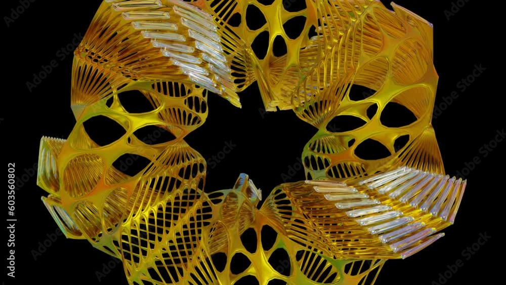 Poster abstract swirling figure with holes rotates on a black background. looped animated background. 3d re