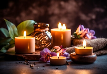 Fototapeta na wymiar Spa still life with aromatic candles and flowers on a wooden background
