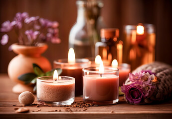 Spa still life with aromatic candles and flowers on a wooden background