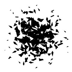 Debris and shatters radial shape. Broken and wrecked specks, speckles and particles. Black pieces explosion and burst. Vector textured element