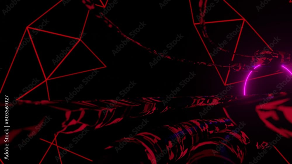 Poster camera flying through a round tunnel with glowing neon light circles. looped animation. 3d render