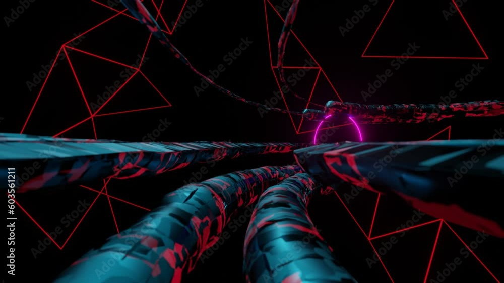 Poster camera flying through a round tunnel with glowing neon light circles. looped animation. 3d render