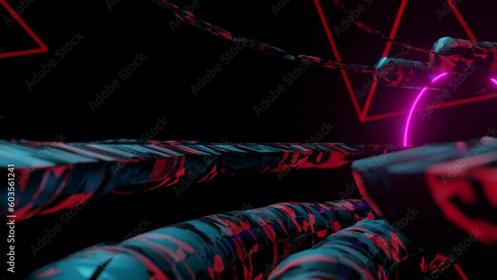 Poster camera flying through a round tunnel with glowing neon light circles. looped animation. 3d render