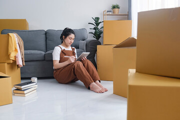 Modern female people in moving home apartment leisure indoor activity alone.