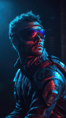 Photo realistic science-fiction, fantasy, armored, black, superhero, super soldier illustration. Anatomy and lighting reference. Generative AI.