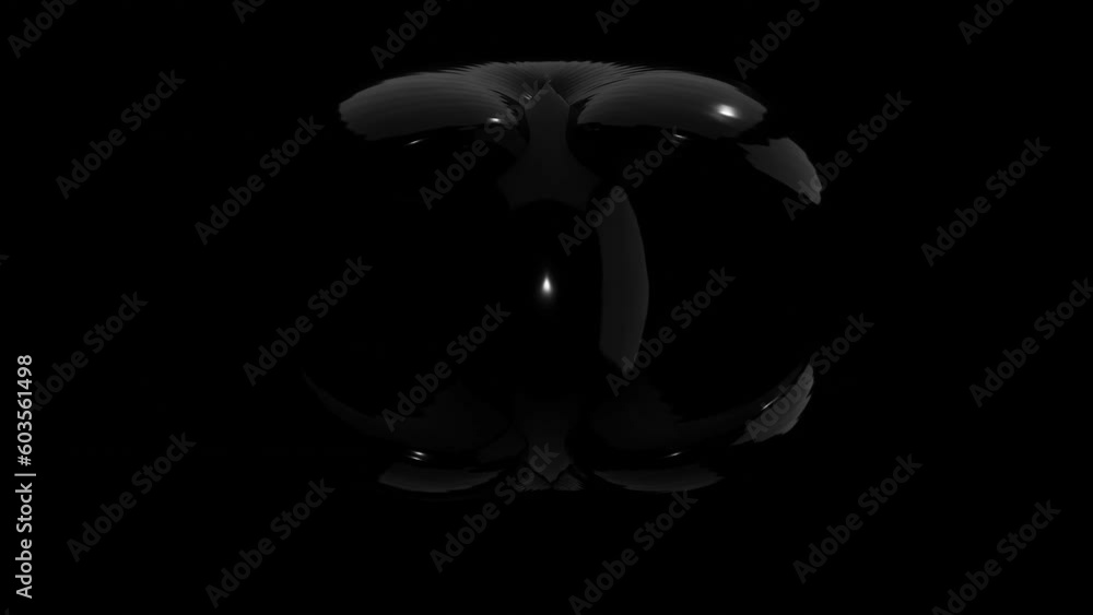 Poster an abstract figure made of black smooth plastic deforms and rotates and moves on a black background.